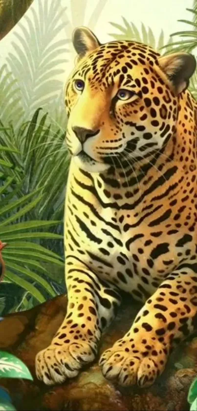 Illustrated jaguar in vibrant jungle setting with colorful foliage.