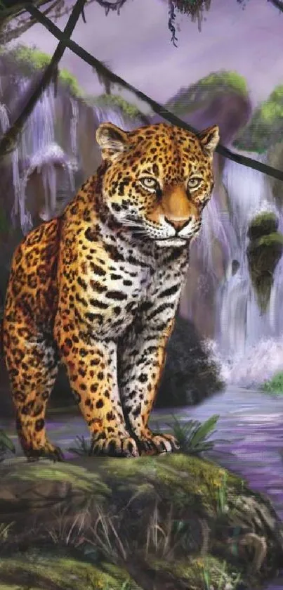 Artwork of a leopard in a lush jungle with waterfalls and greenery.