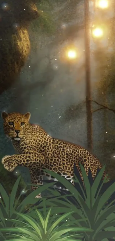 Leopard in a mystical jungle with glowing lights and lush greenery.