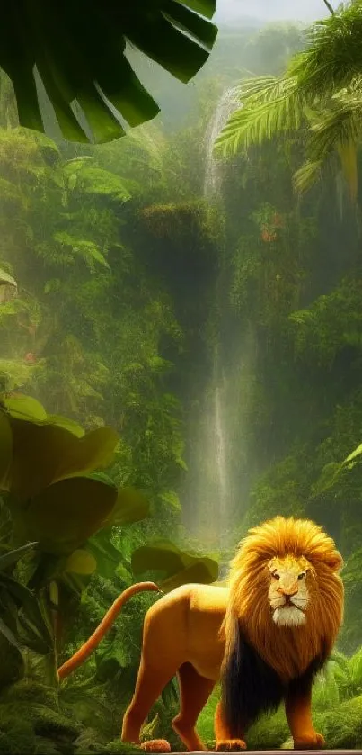 Lion in a lush green jungle with cascading waterfall.