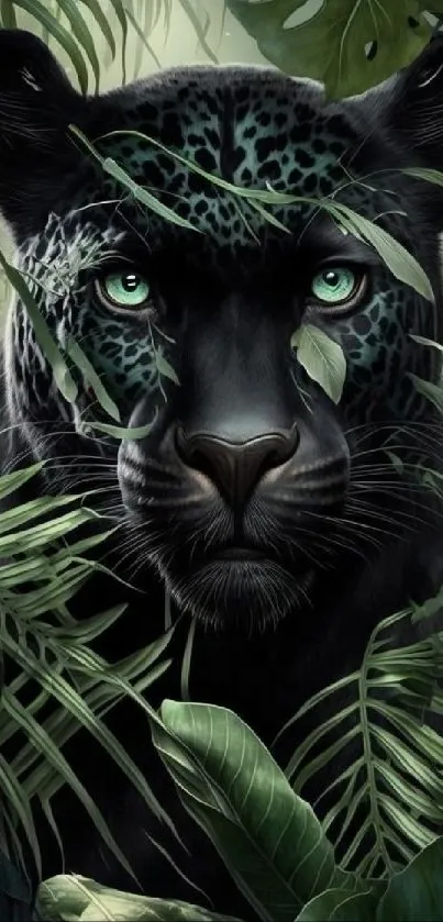 Elegant panther in lush green jungle, piercing green eyes.