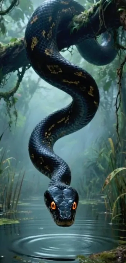 A majestic black snake in a lush jungle setting with water reflections.