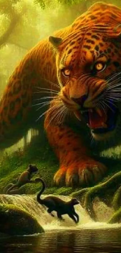 Majestic tiger in a lush jungle setting with vibrant greenery.