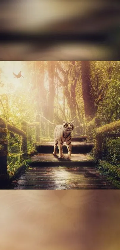 White tiger walking on a jungle pathway.