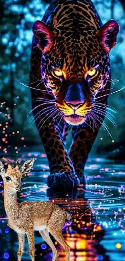 Artistic depiction of a panther and deer in a vibrant jungle.