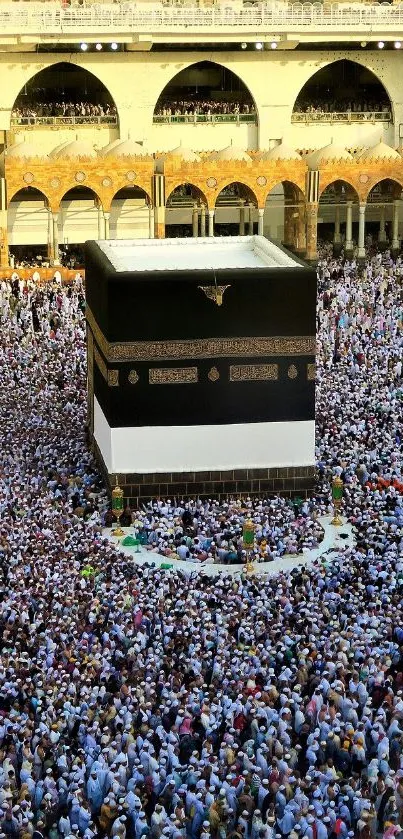 Aerial view of Kaaba surrounded by pilgrims at the Grand Mosque in Mecca.