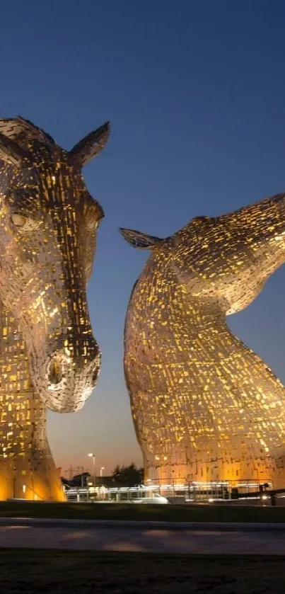 Kelpies statues illuminated at twilight in Falkirk, Scotland.