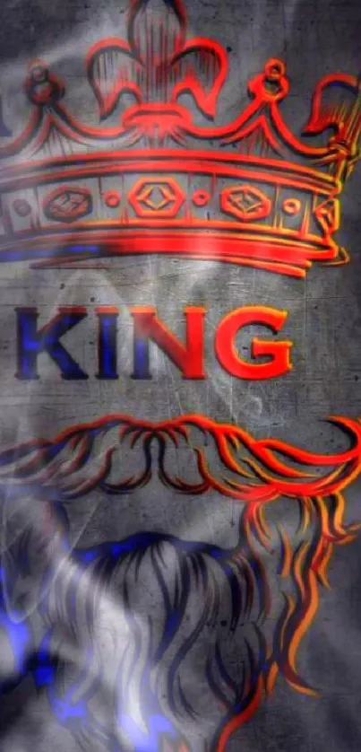 Vibrant king crown with beard wallpaper in red and blue hues on dark gray background.