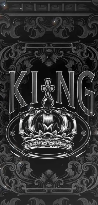 Ornate black and gray king crown wallpaper with royal design elements.