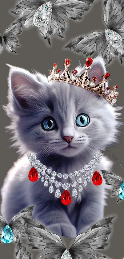 Grey kitten with crown and necklace, surrounded by butterflies.