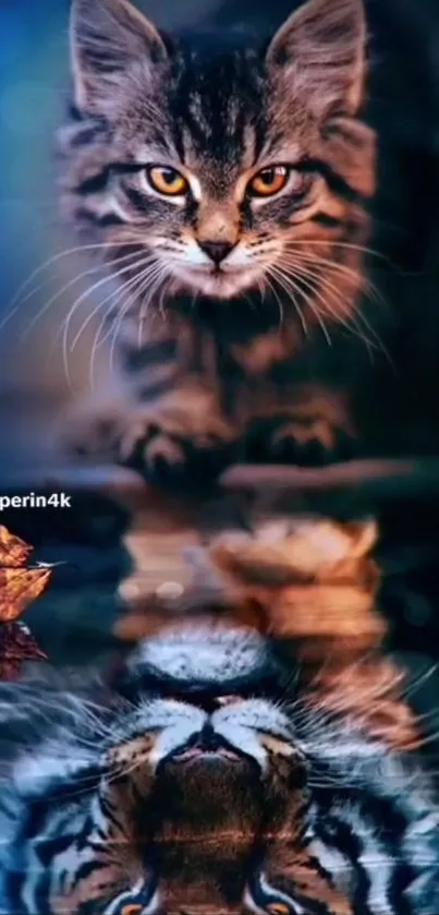 Majestic kitten gazes at its tiger reflection in dark blue water.