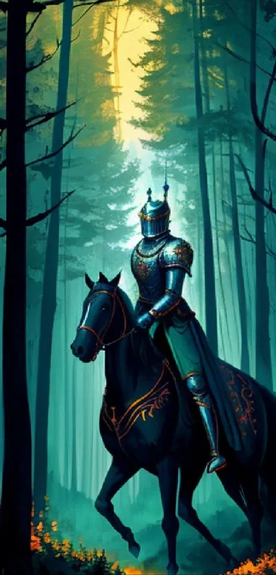 Knight riding through an enchanted forest, bathed in mystical light.