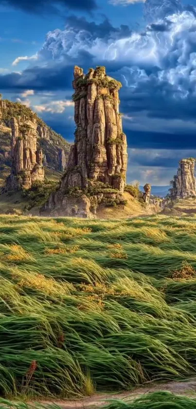 Majestic rock formations with green fields and blue sky.