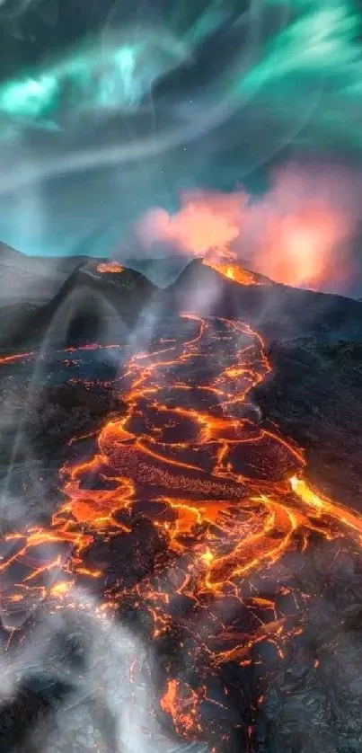 Lava flowing under a vivid aurora in nighttime volcanic scenery.