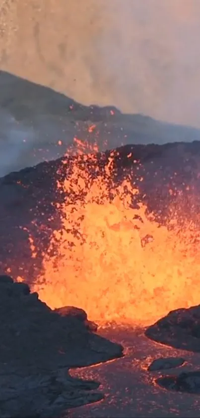 Dynamic lava flow from a volcano eruption, showcasing fiery colors and natural beauty.