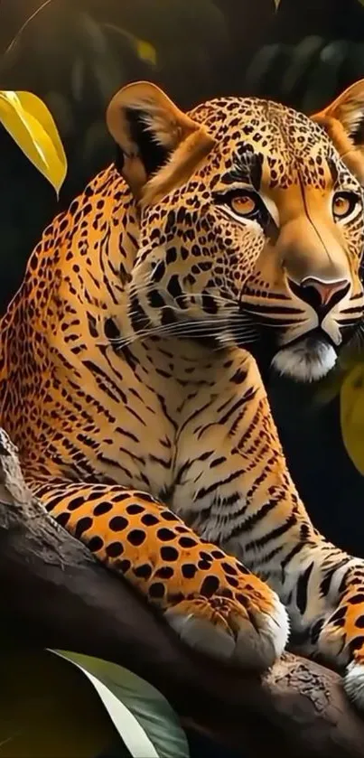 Leopard resting on a branch with green leaves.