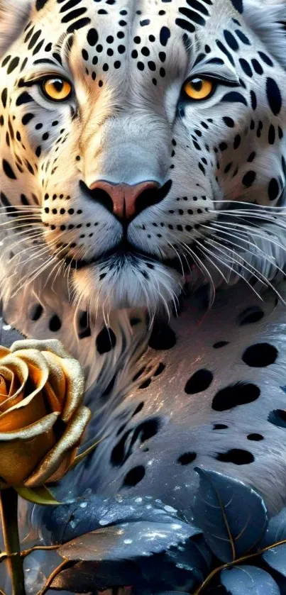 A majestic leopard with bright yellow eyes beside a golden rose.