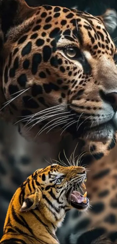 Leopard and tiger mobile wallpaper with a jungle theme.