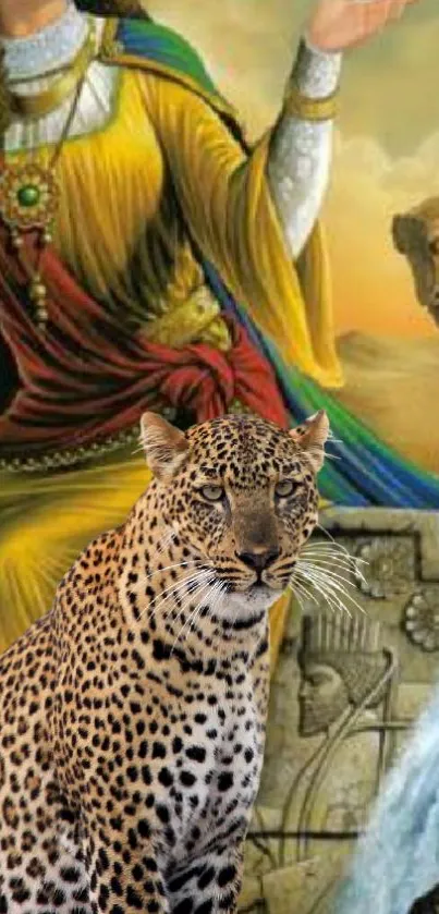 Majestic leopard with ancient art backdrop, vibrant colors.