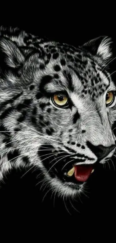 Black and white leopard art on a mobile wallpaper background.