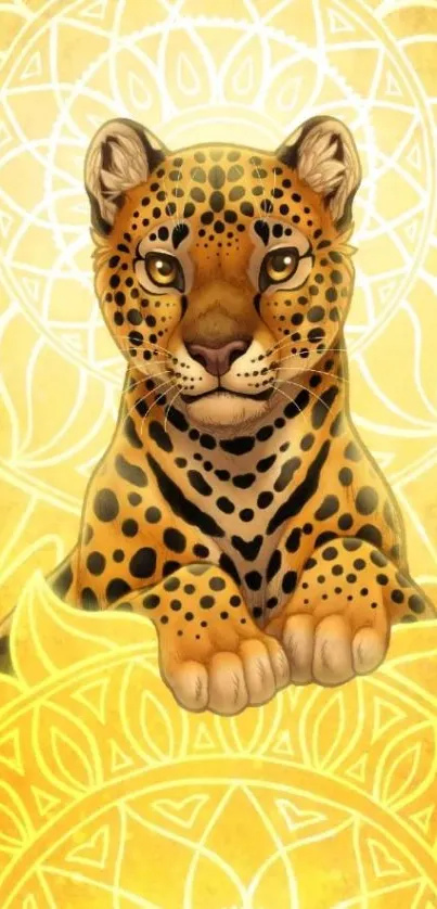 Leopard art with yellow mandala background.