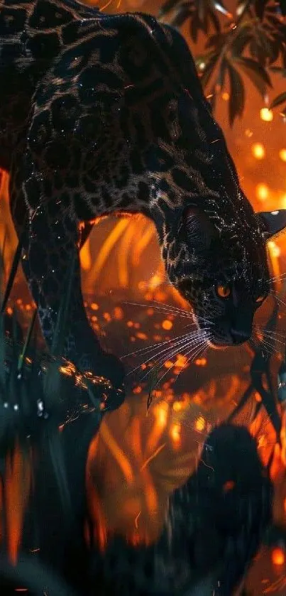 Majestic leopard in a glowing jungle setting with orange embers.