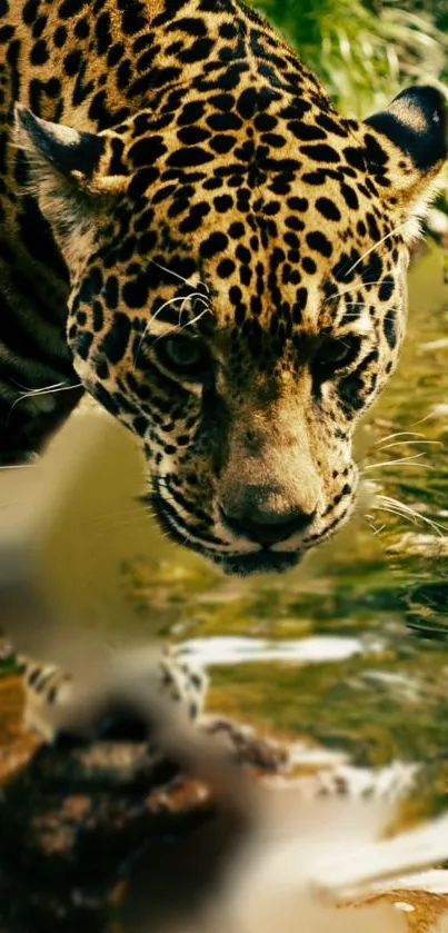 Majestic leopard by water in jungle.