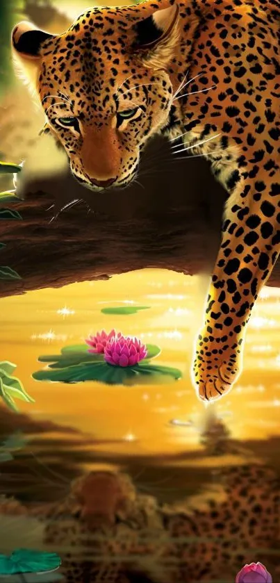 Leopard cautiously approaches a lily-encircled pond reflecting its image.