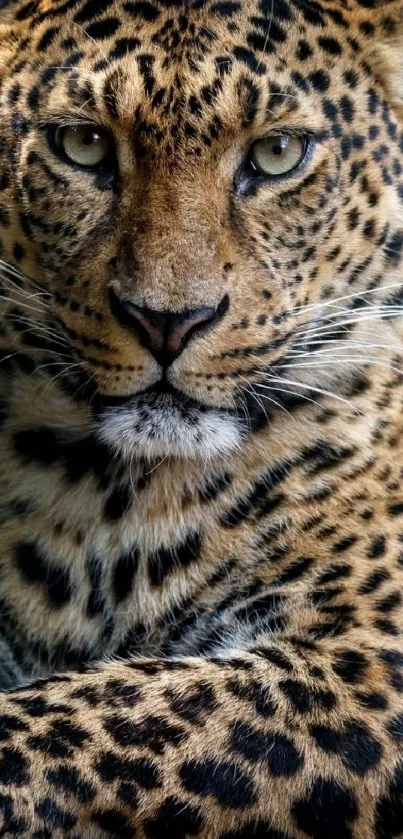 Close-up of a majestic leopard with striking eyes and intricate fur patterns.