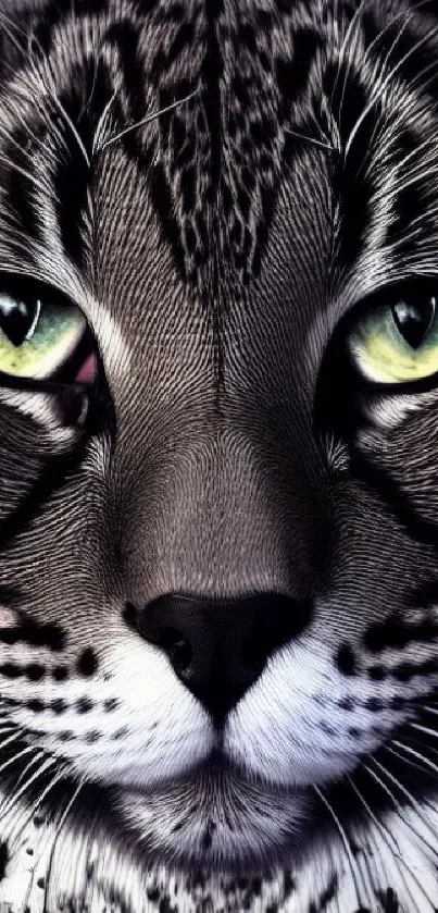 Close-up of a leopard's face with striking green eyes and detailed fur patterns.