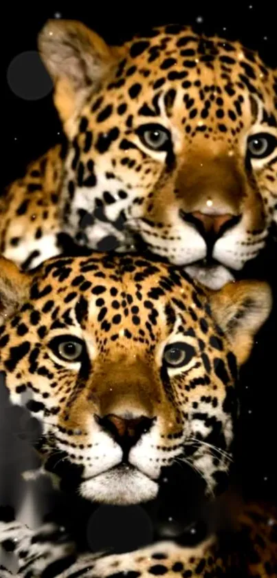 Leopard duo with spots on black background, perfect for mobile wallpaper.