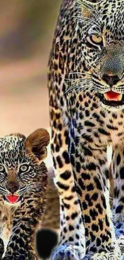 Leopard parent and cub walking forward, showcasing their striking patterns.