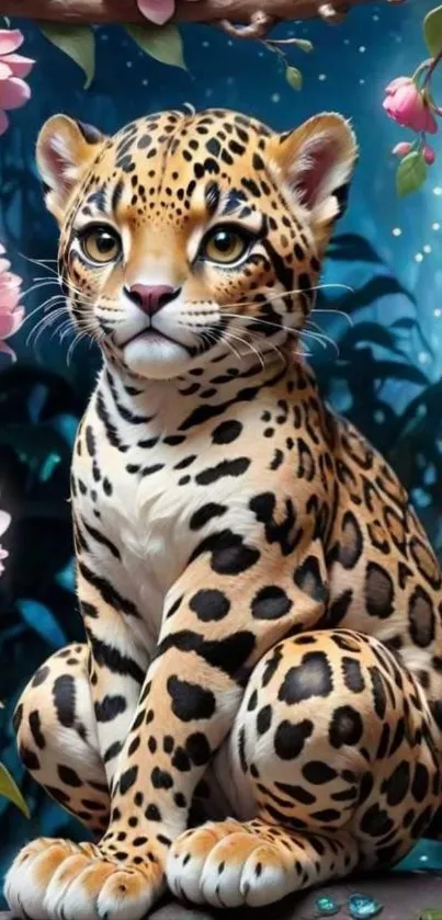 Majestic leopard sitting in a fantasy jungle scene with flowers.