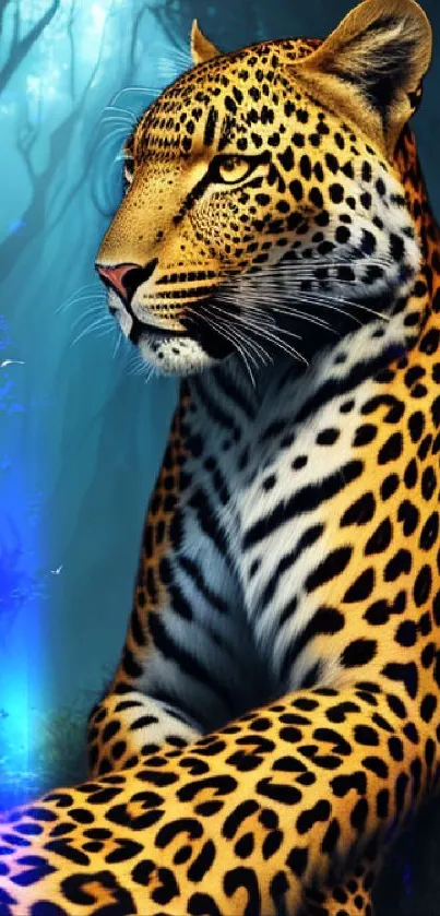 Majestic leopard resting in a lush forest setting, exuding a wild and serene aura.