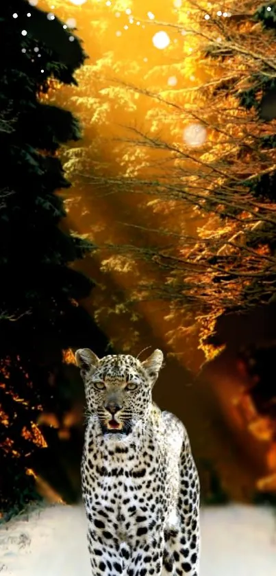 Leopard gracefully walks through sunlit forest, surrounded by trees.