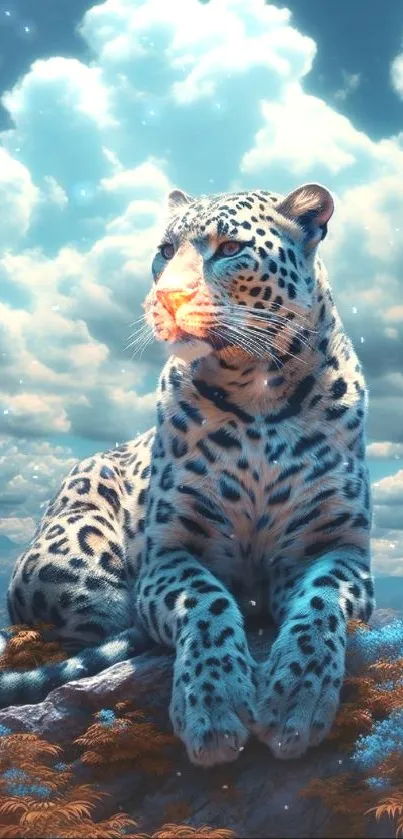 Leopard under a vibrant blue sky with fluffy clouds.