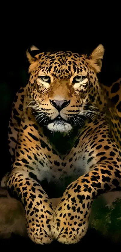 Leopard poised elegantly against dark background.