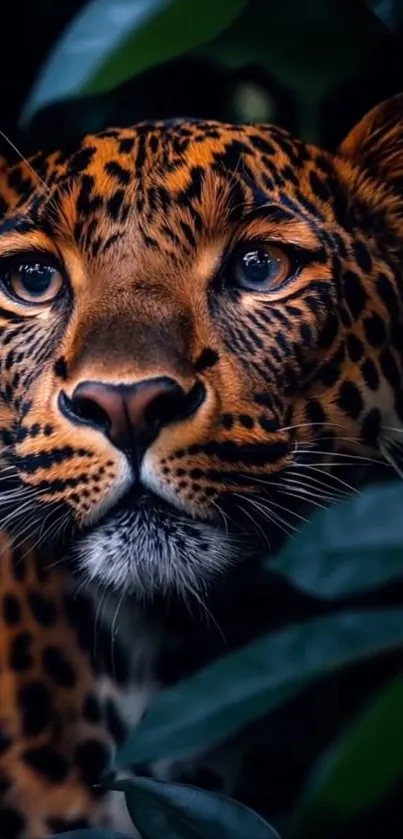 A majestic leopard peering through jungle foliage, creating a striking image.