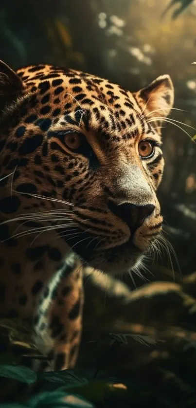 Majestic leopard amidst jungle foliage, exuding wild beauty and grace.