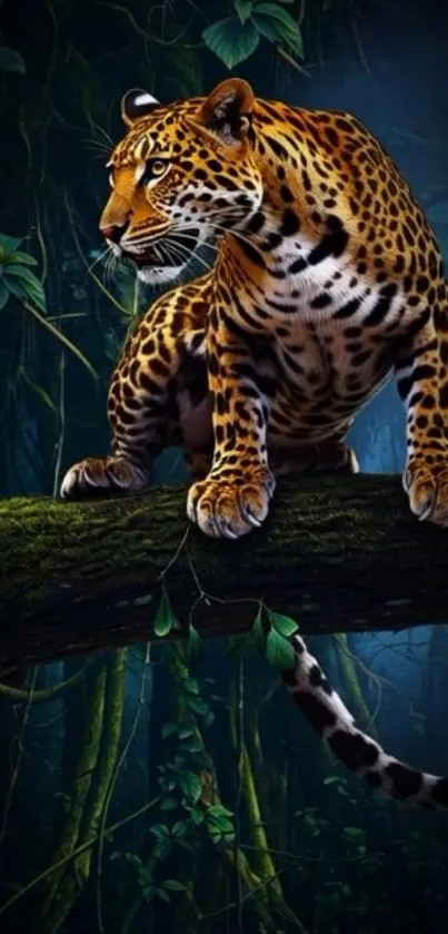 A captivating leopard perched on a tree branch in a dense jungle landscape.