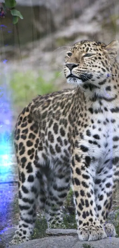 Majestic leopard standing on rock in vibrant natural setting.
