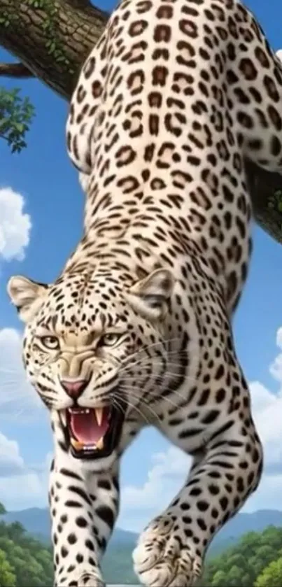 Leopard descending from tree in jungle.