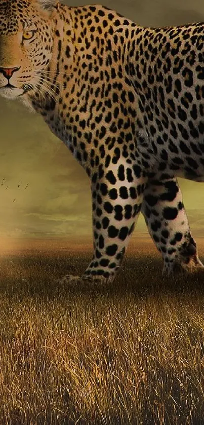 Majestic leopard standing in a golden savannah landscape.