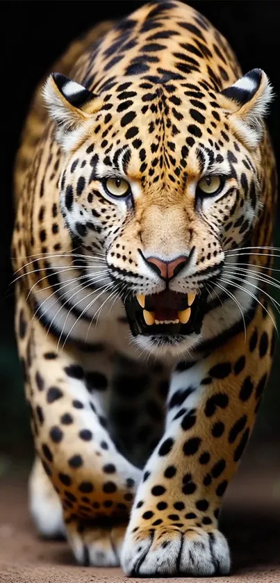 Leopard walking towards camera, showcasing its golden spotted fur and fierce expression.