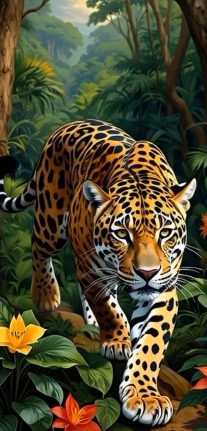 Leopard walking through vibrant jungle with lush greenery and colorful flowers.