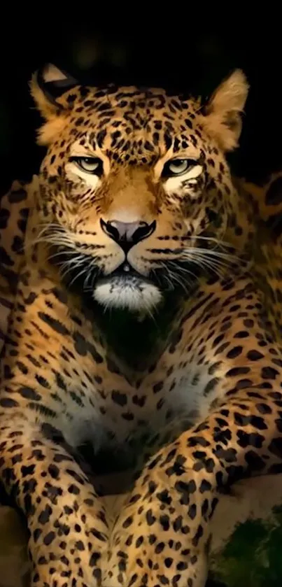 Majestic leopard lying in jungle setting with striking gaze.