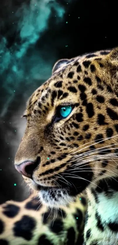 Leopard with teal eyes cosmic themed mobile wallpaper