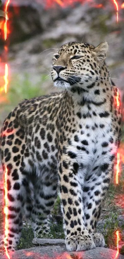 Majestic leopard standing in natural habitat, showcasing striking spots.