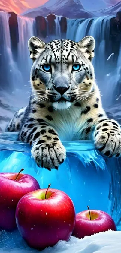 Leopard with blue eyes near waterfall and red apples.