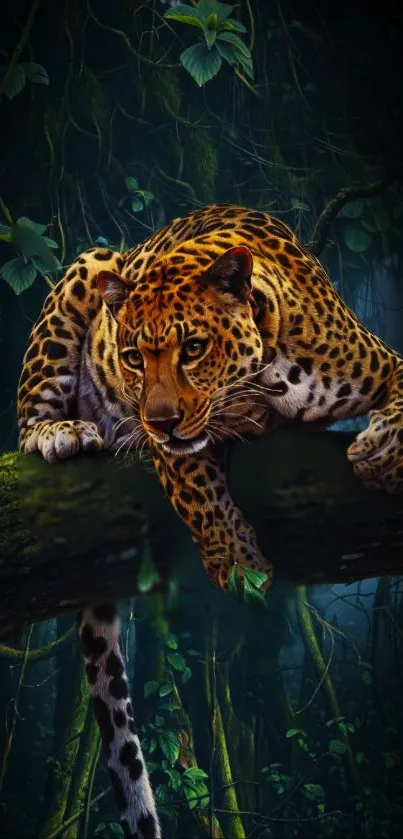 Majestic leopard lying on a jungle branch surrounded by lush greenery.